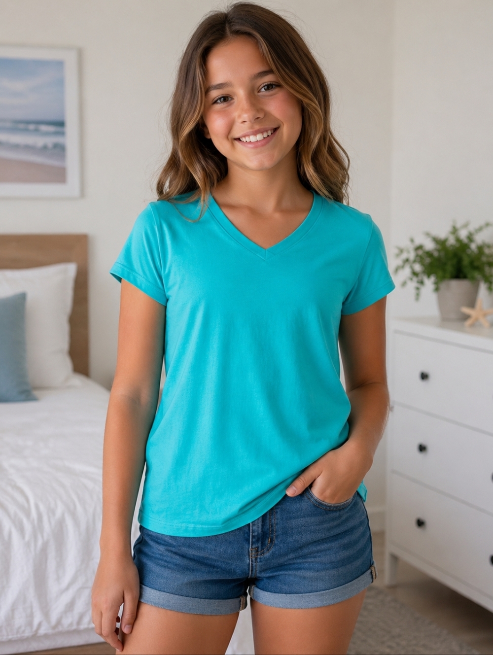 Wonder Nation Turquoise V-Neck Tee | Girls Size L | Cotton Short Sleeve